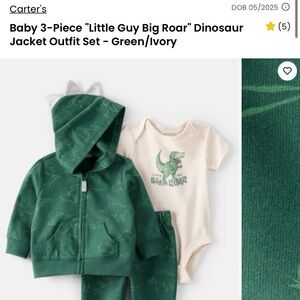 Baby 3-Piece "Little Guy Big Roar" Dinosaur Jacket Outfit Set - Green/Ivory